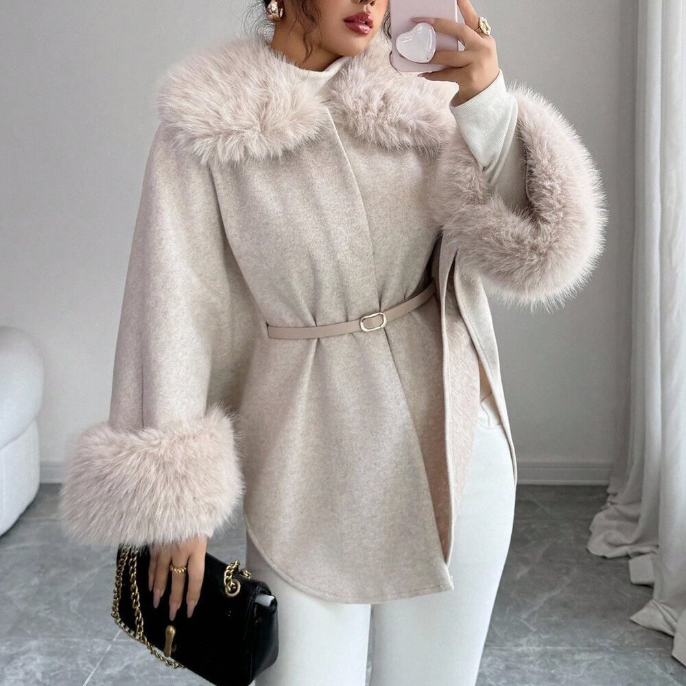 Apricot Elegant Women's Waist Cape with Faux Fur Collar - Picture 3 of 8
